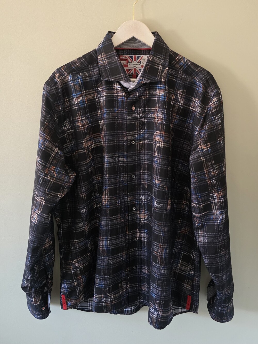NWOT 7 Downie St. London Couture Paisley Plaid Dress Shirt Size XL Retro Artsy
